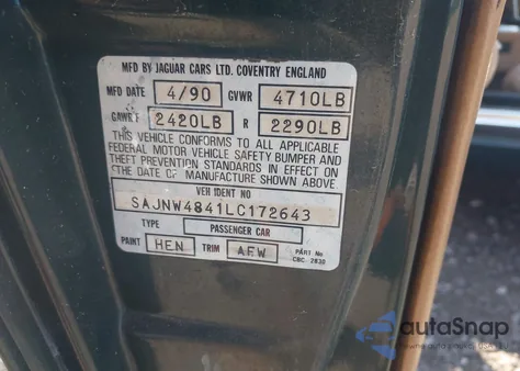 1990 Jaguar Xjs из США, поврежденный, VIN SAJN4841LC172643